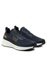 Emporio Armani, Navy Knit Sneakers With Gold Details