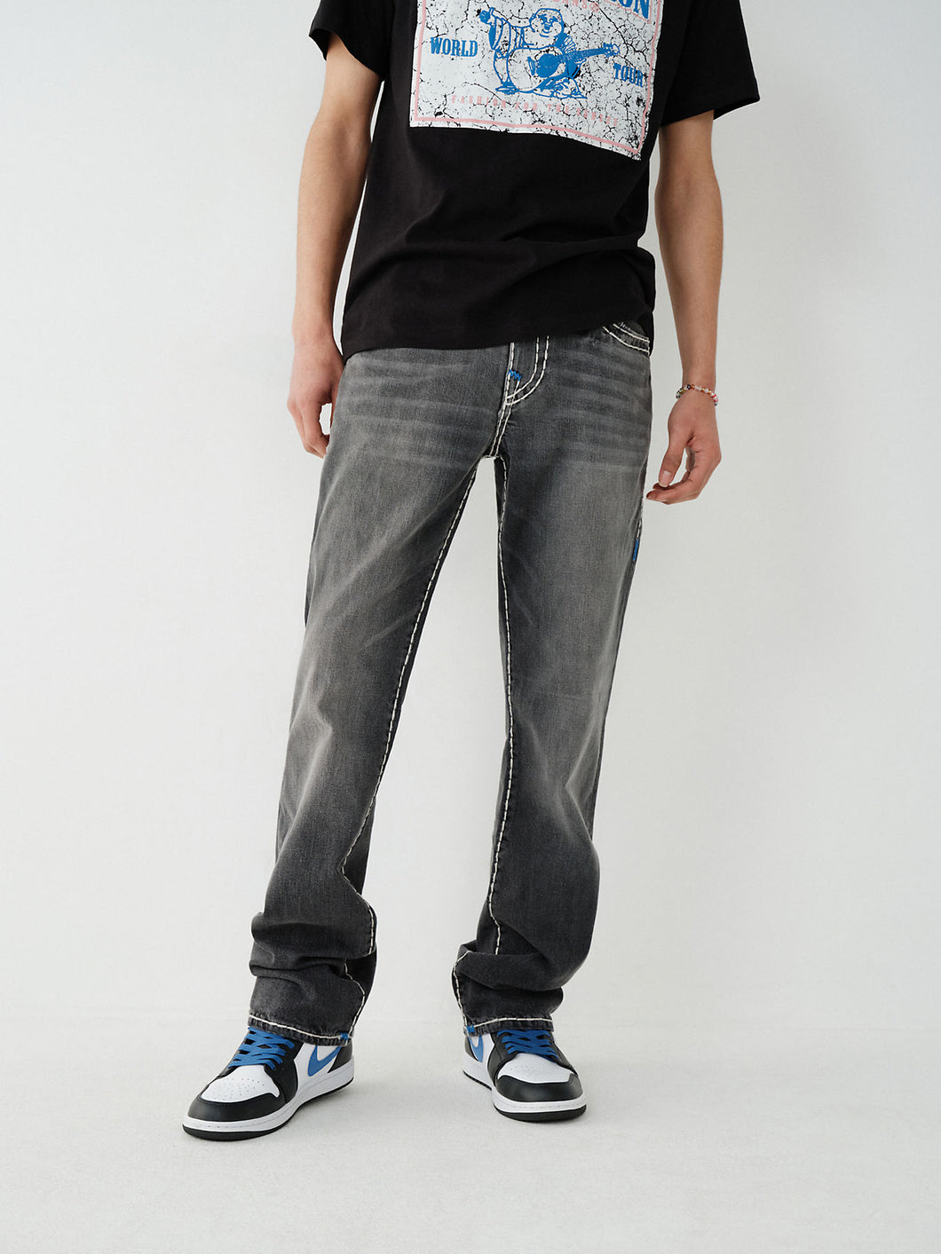 True Religion, Ricky Super T Stitch Straight Grey Jeans With Blue Logo