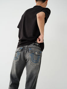 True Religion, Ricky Super T Stitch Straight Grey Jeans With Blue Logo