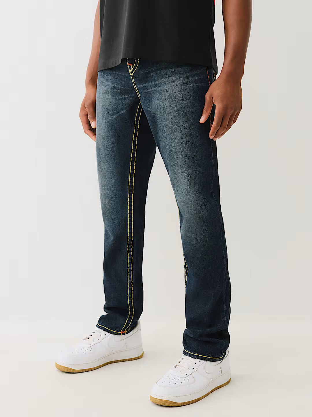 True Religion, Rocco Navy Jeans with Color Super T Stitched