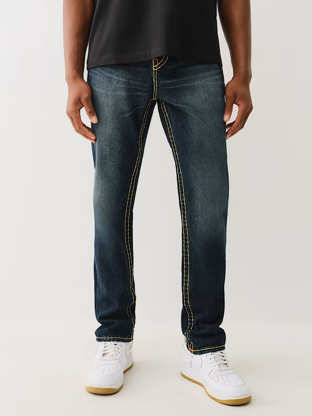 True Religion, Rocco Navy Jeans with Color Super T Stitched