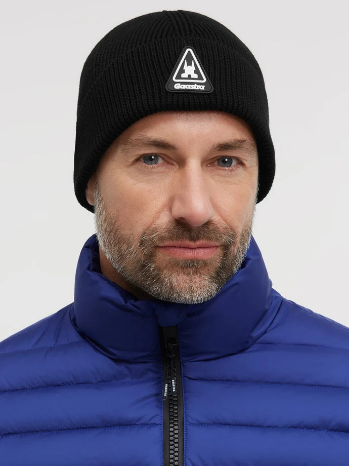 Gaastra, Black Ribbed Knit Beanie with Rubber Patch
