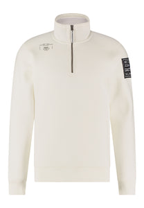Gaastra, Half Zip White Sweater With Intarsia Badge On Shoulder