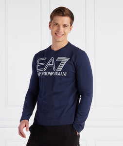 EA7, Navy Long-sleeved T-Shirt With White Emblem