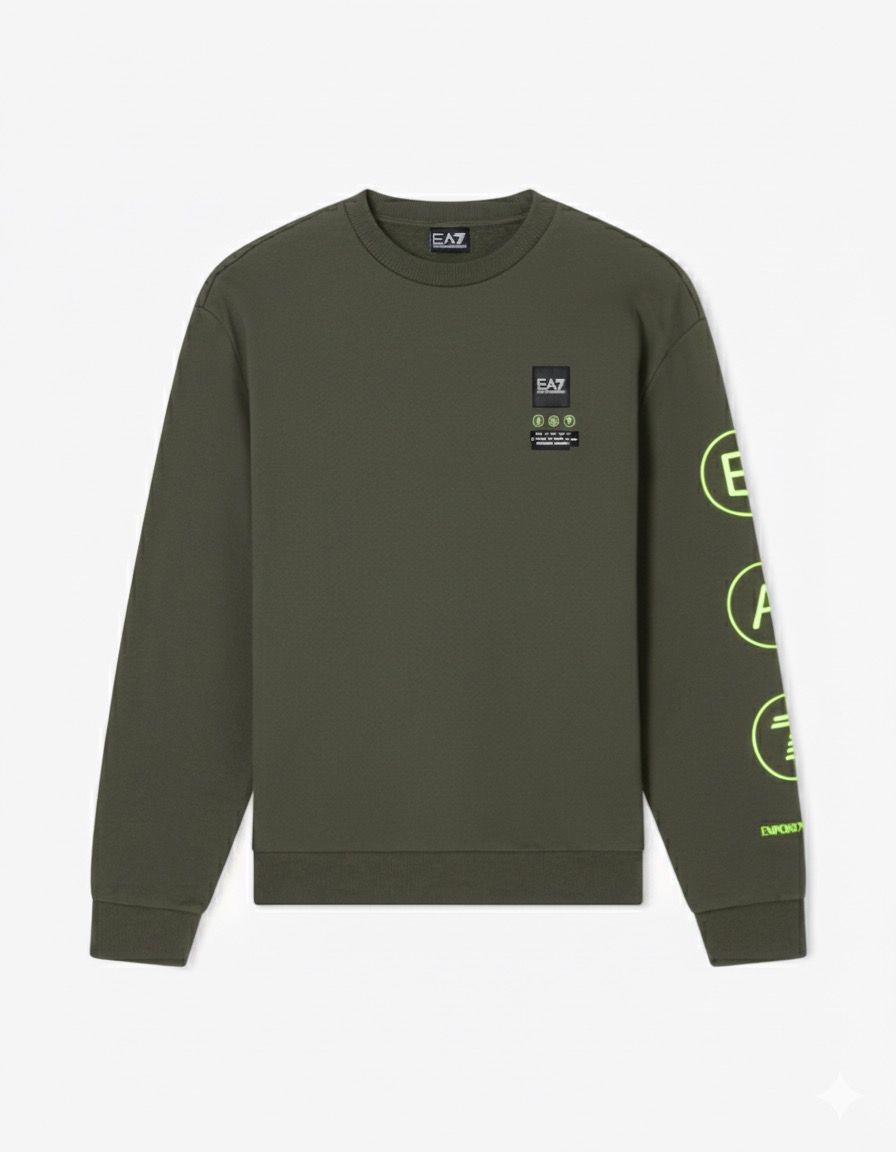 Emporio Armani, Logo Series Crew-Neck Olive Sweatshirt In French Terry Cotton