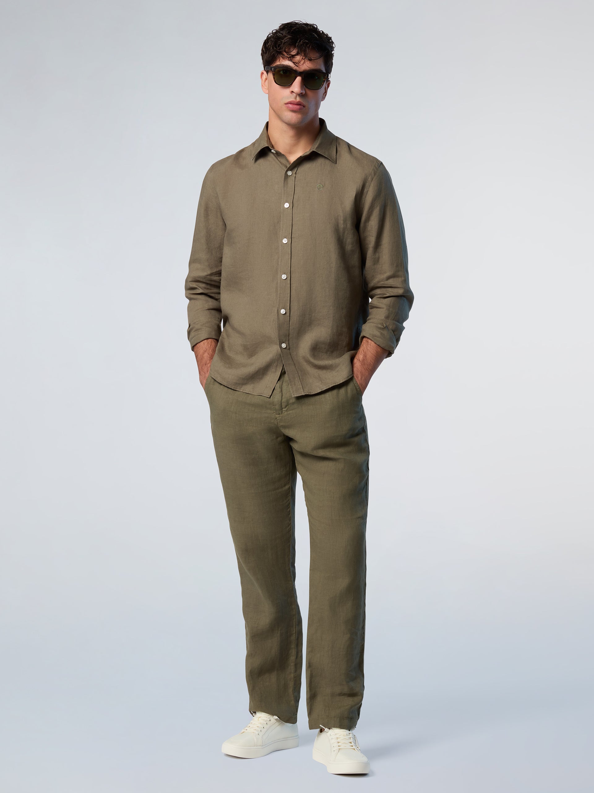 North Sails, Olive Linen Shirt With Embroidered Logo