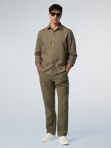 North Sails, Olive Linen Shirt With Embroidered Logo