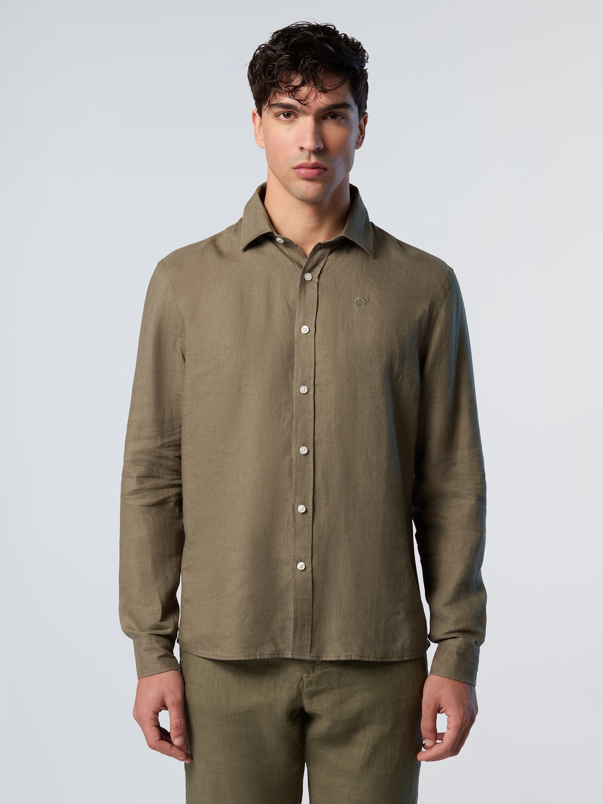 North Sails, Olive Linen Shirt With Embroidered Logo