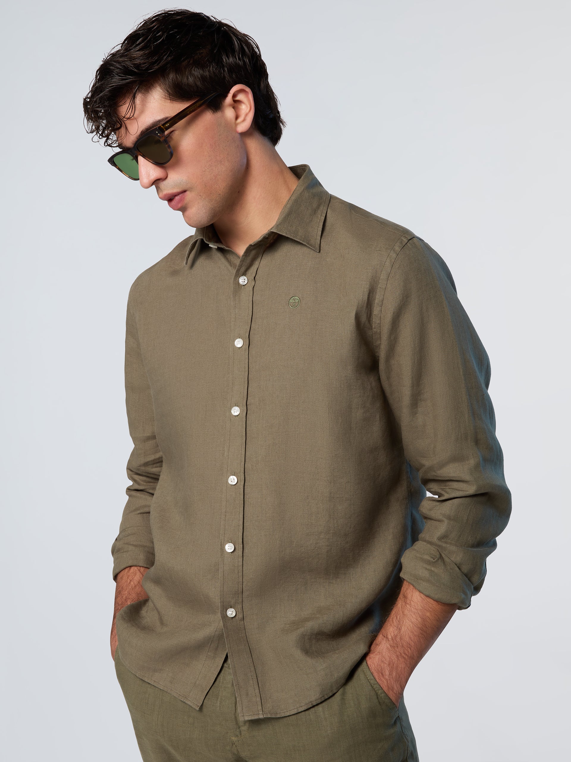 North Sails, Olive Linen Shirt With Embroidered Logo