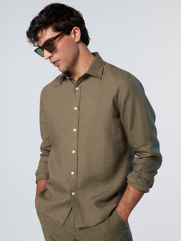 North Sails, Olive Linen Shirt With Embroidered Logo