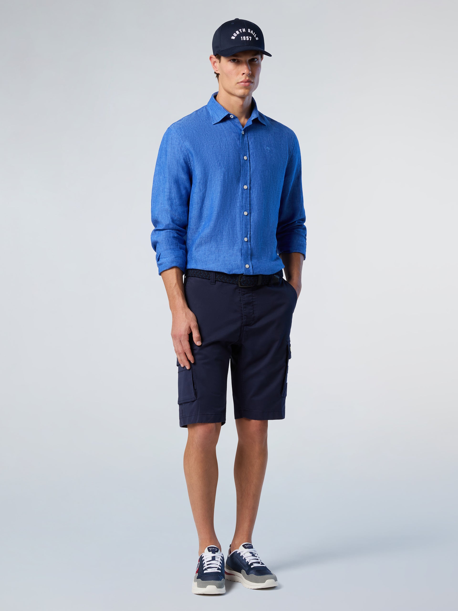North Sails,Deep Blue Linen Shirt With Embroidered Logo
