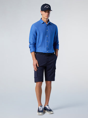 North Sails,Deep Blue Linen Shirt With Embroidered Logo