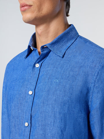 North Sails,Deep Blue Linen Shirt With Embroidered Logo