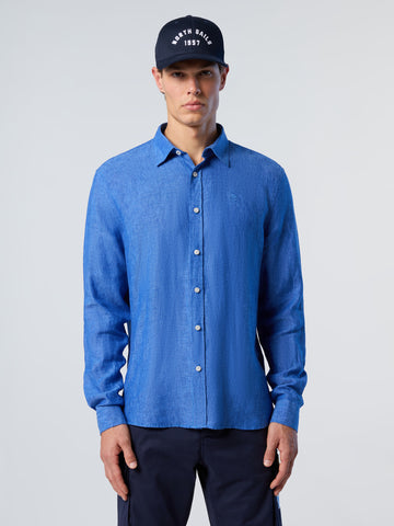 North Sails,Deep Blue Linen Shirt With Embroidered Logo