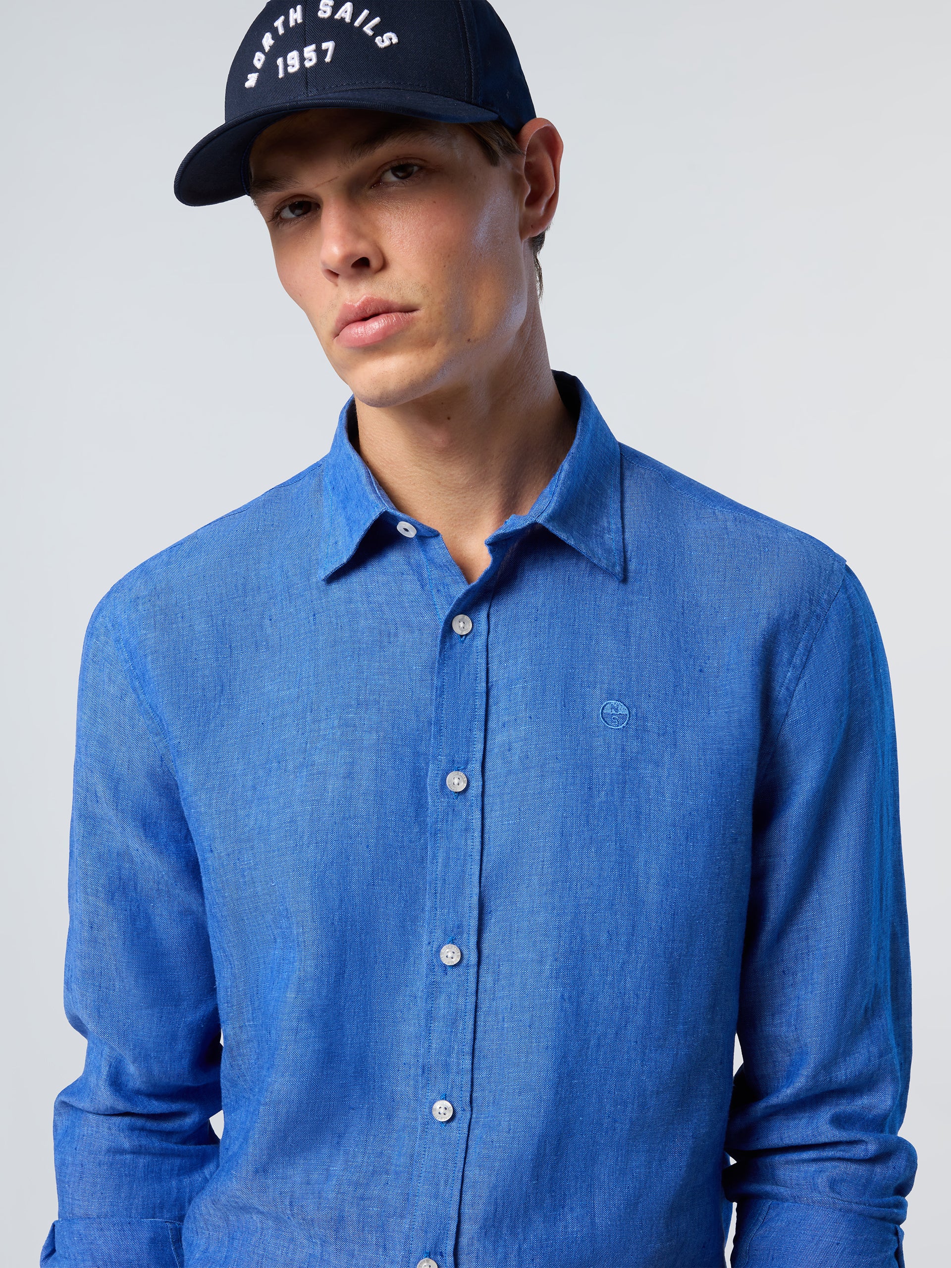 North Sails,Deep Blue Linen Shirt With Embroidered Logo