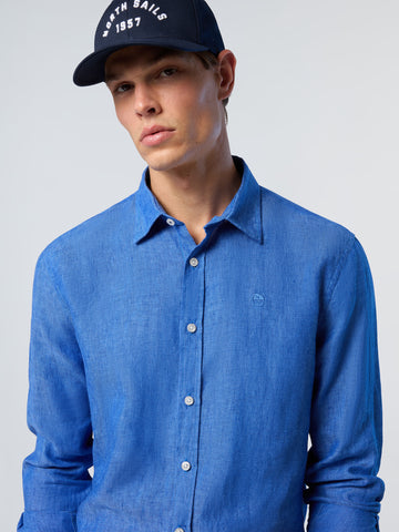 North Sails,Deep Blue Linen Shirt With Embroidered Logo