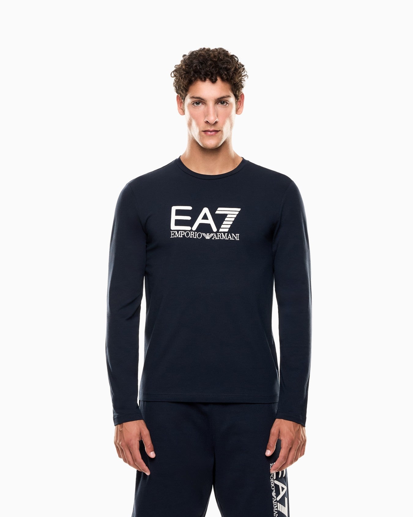 Emporio Armani, Visibility Long-Sleeved Navy T-shirt in Cotton Stretch Jersey