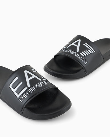 Emporio Armani, Logo Navy Slides with A Wide Band and Anti-Slip Rubber Soles
