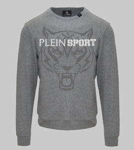 Plein Sport, Grey Sweater With A Tiger And Emblem Logo