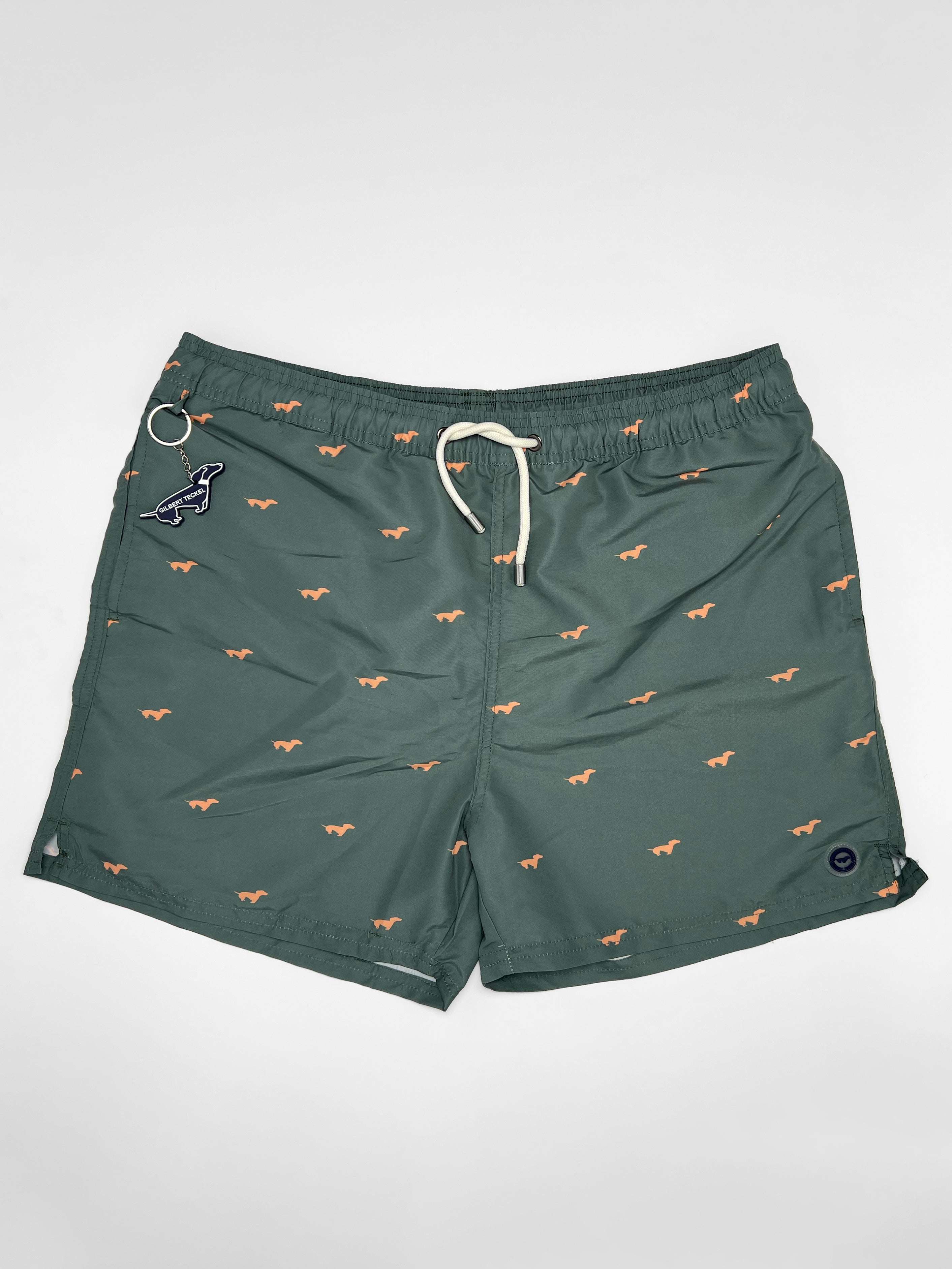 Gilbert Teckel, Micro Dachshund Print Swim Shorts – Olive Green