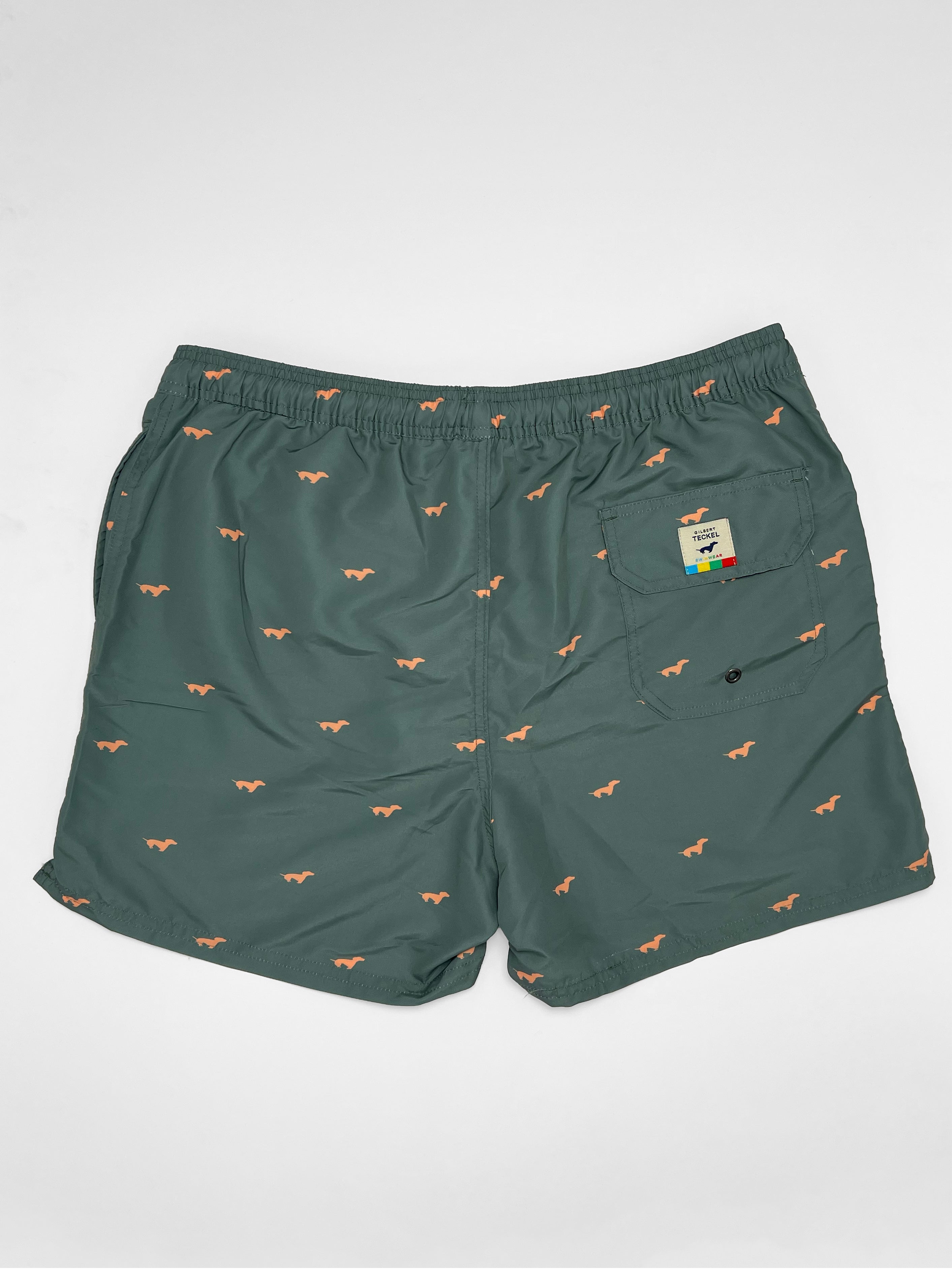 Gilbert Teckel, Micro Dachshund Print Swim Shorts – Olive Green