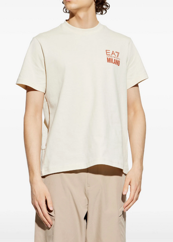 Emporio Armani, Logo Series cotton jersey Beige T-shirt with oversized print