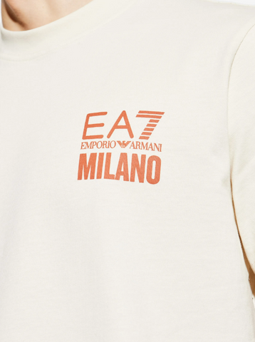 Emporio Armani, Logo Series cotton jersey Beige T-shirt with oversized print