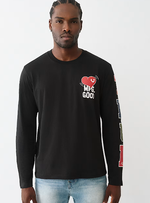 True Religion, MFG Heart Long Sleeve  Black Tee