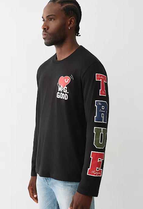 True Religion, MFG Heart Long Sleeve  Black Tee