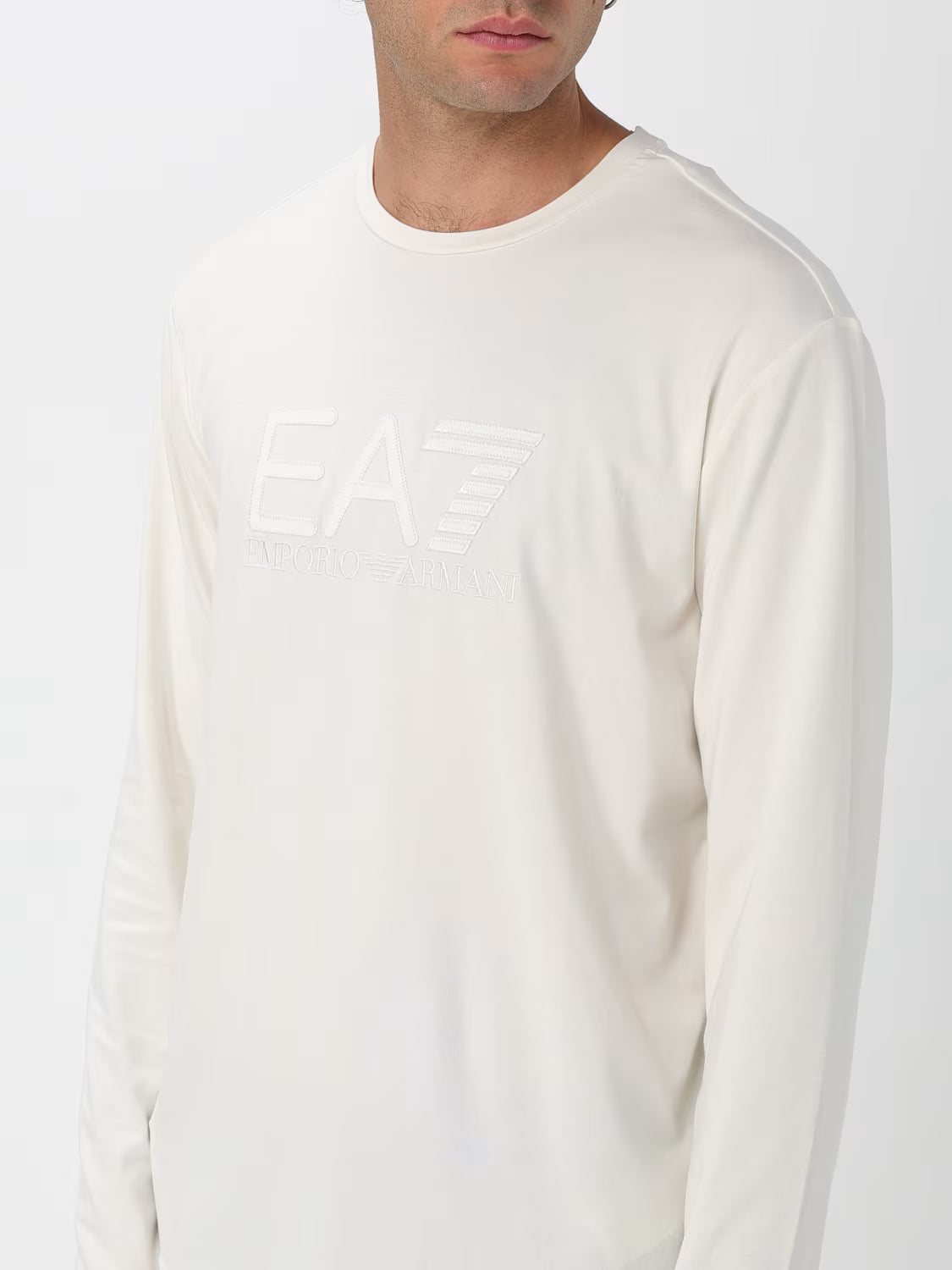 Emporio Armani, Visibility Long-Sleeved Off White T-shirt in Cotton Stretch Jersey