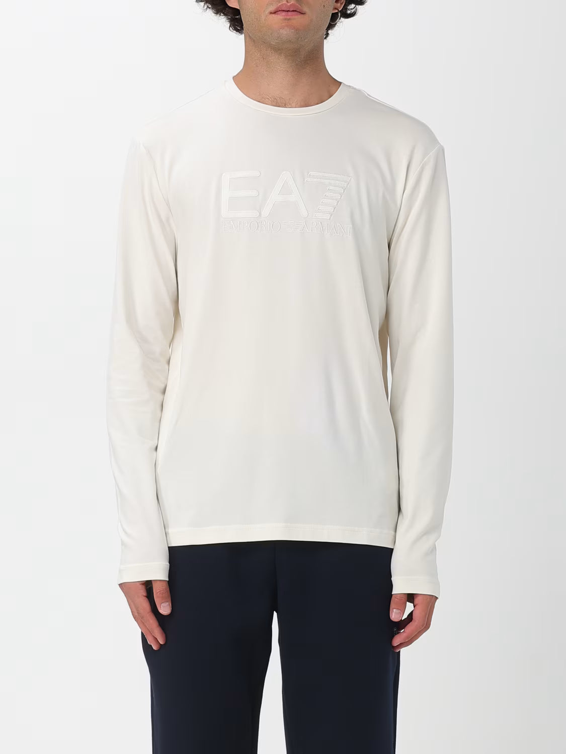 Emporio Armani, Visibility Long-Sleeved Off White T-shirt in Cotton Stretch Jersey