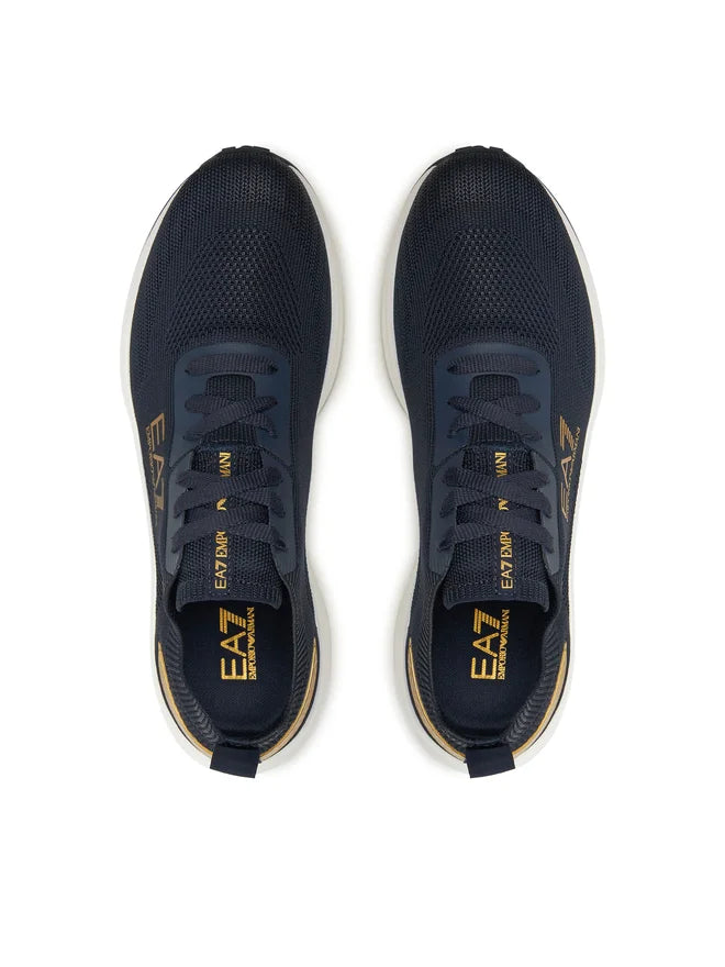 Emporio Armani,  Navy Knit Sneakers With Gold Details