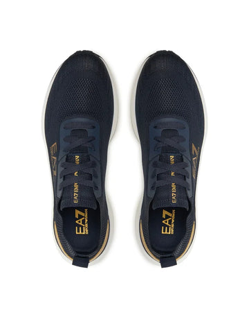Emporio Armani,  Navy Knit Sneakers With Gold Details