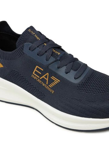 Emporio Armani,  Navy Knit Sneakers With Gold Details
