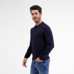Lerros, Navy Flat-knit Poloshirt With Longsleeves