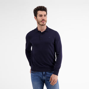 Lerros, Navy Flat-knit Poloshirt With Longsleeves