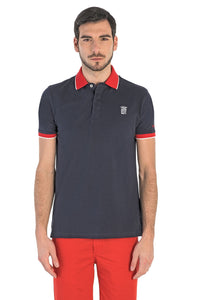 Marina Militare, Navy And Red  Polo Shirt In Cotton Piquet