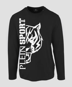 Plein Sport, Black Long Sleeves T-Shirt With A tiger White Logo