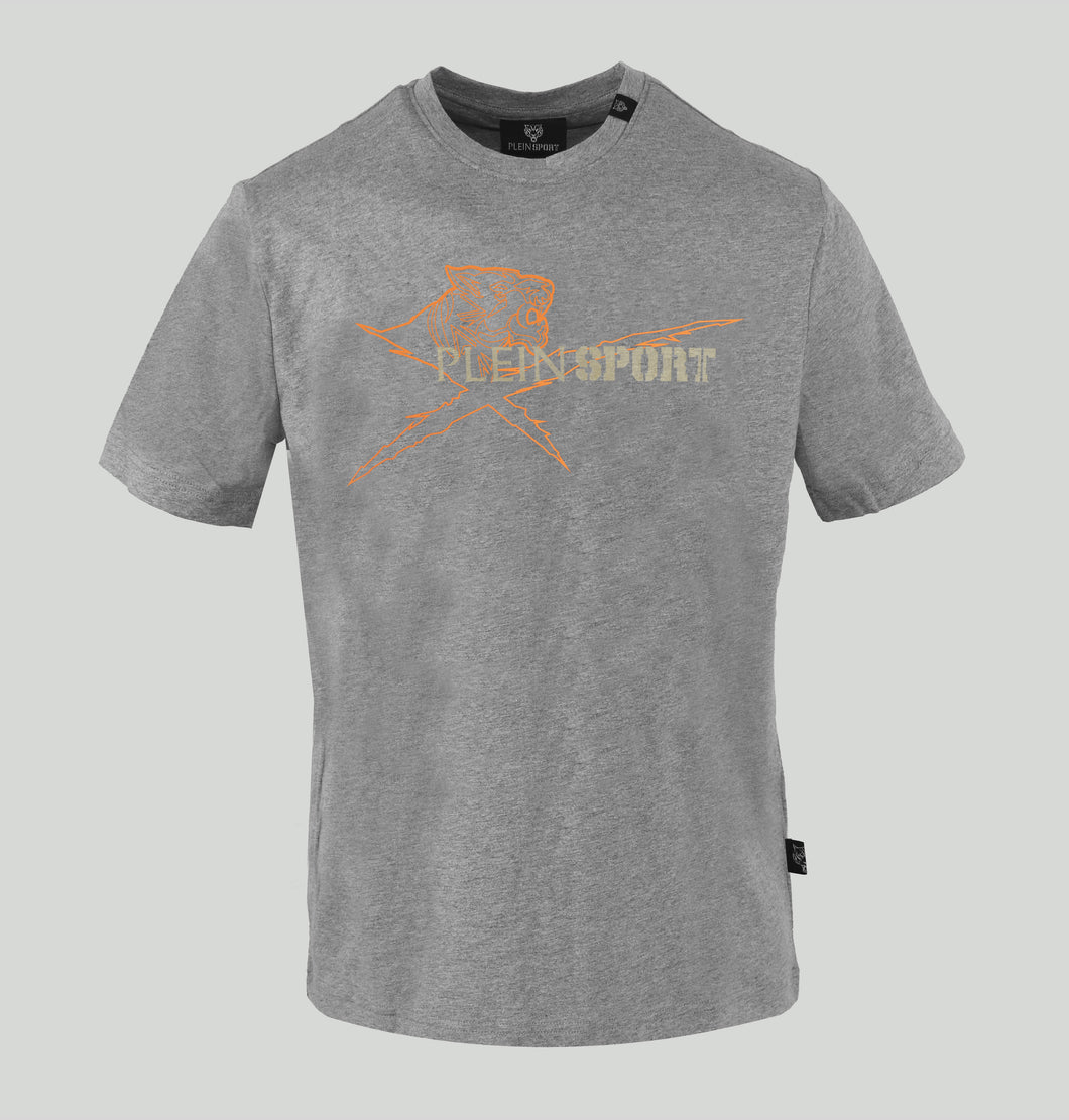 Plein Sport, Grey T-Shirt With Special Orange Name Logo