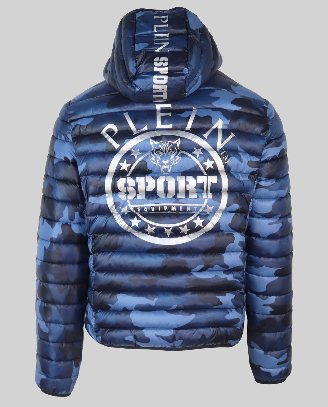 Plein Sport,  Blue Camouflage  Hooded Logo Print Parka Jacket